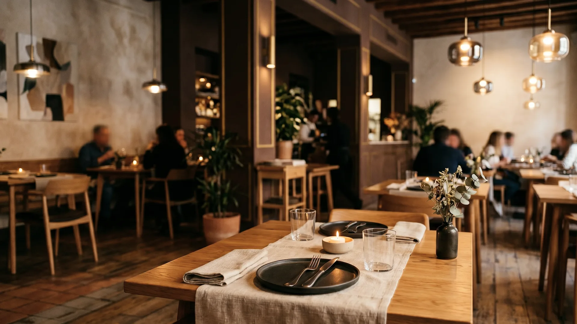 Interior de restaurante familiar madrileño con mesas de madera y luz cálida, sala llena de clientes habituales que reservaron directamente