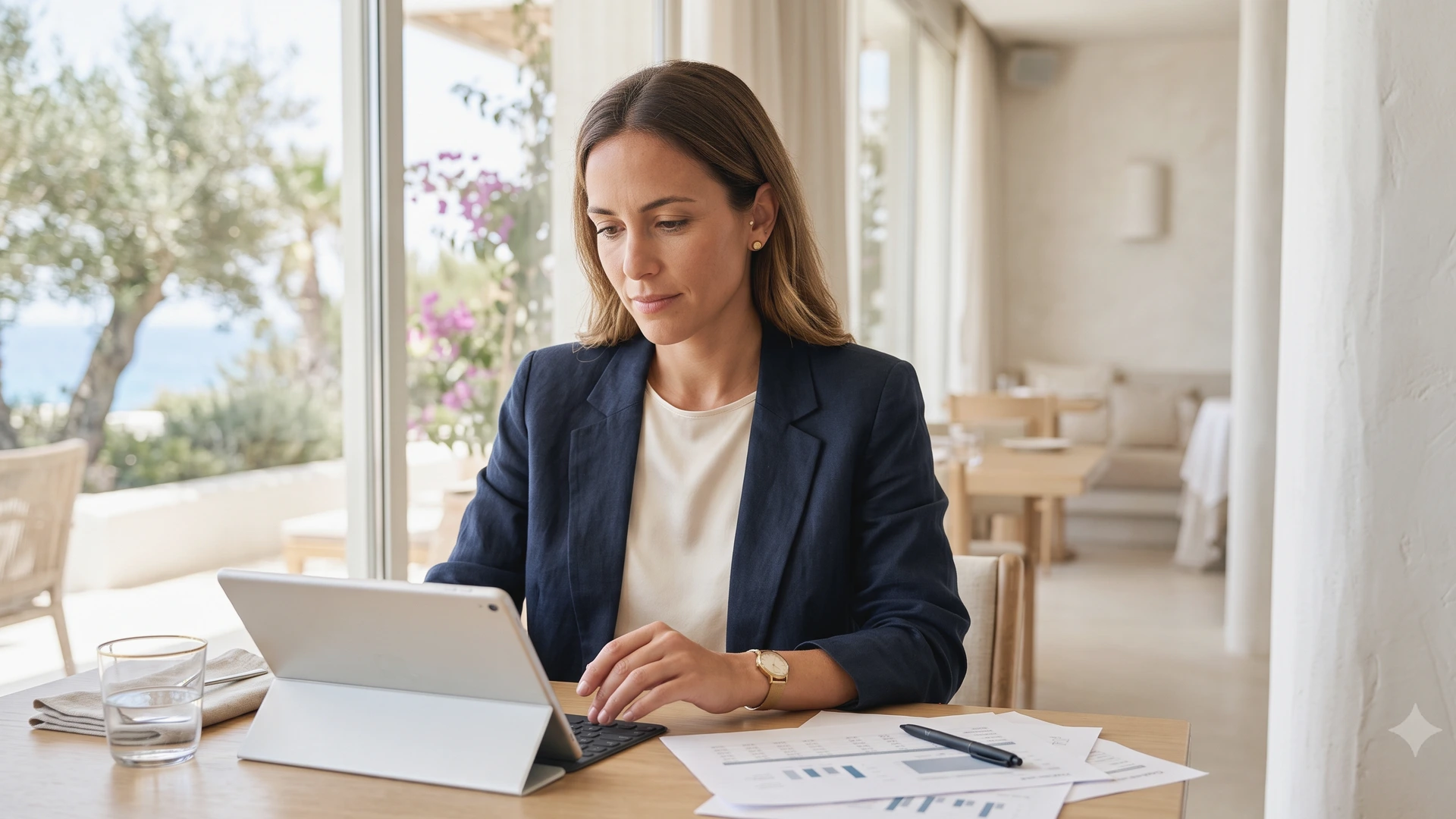 Responsable de un restaurante en Baleares revisando las tablas salariales del convenio de hostelería en una tablet junto a documentos laborales