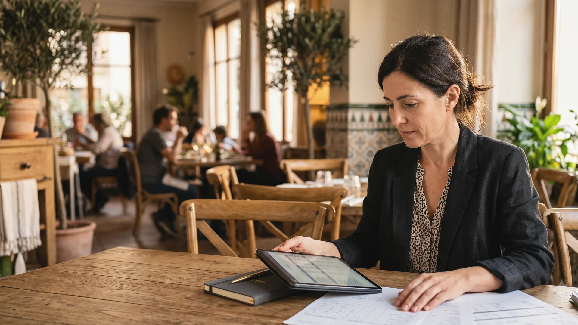Responsable de un restaurante en Cataluña revisando las tablas salariales del convenio de hostelería en una tablet junto a documentos laborales
