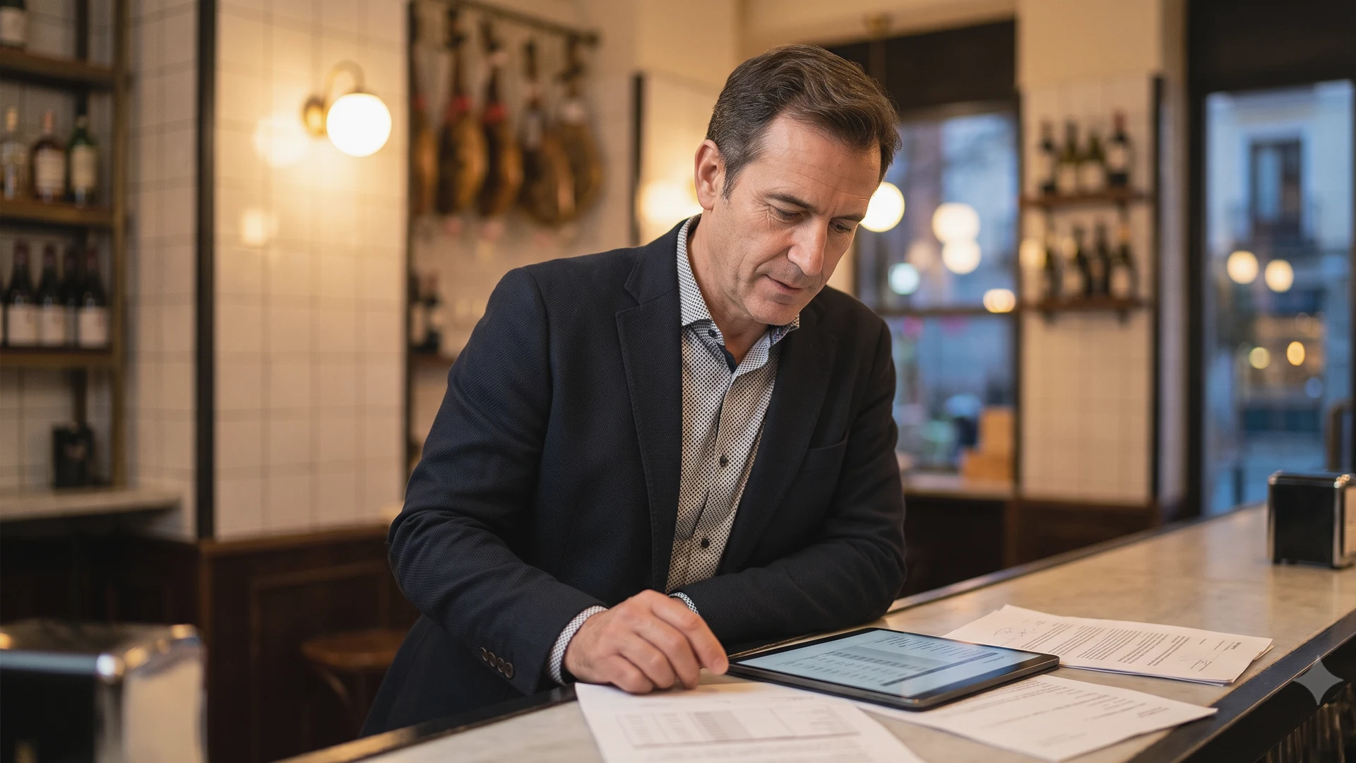 Responsable de un restaurante en Madrid revisando las tablas salariales del convenio de hostelería en una tablet junto a documentos laborales