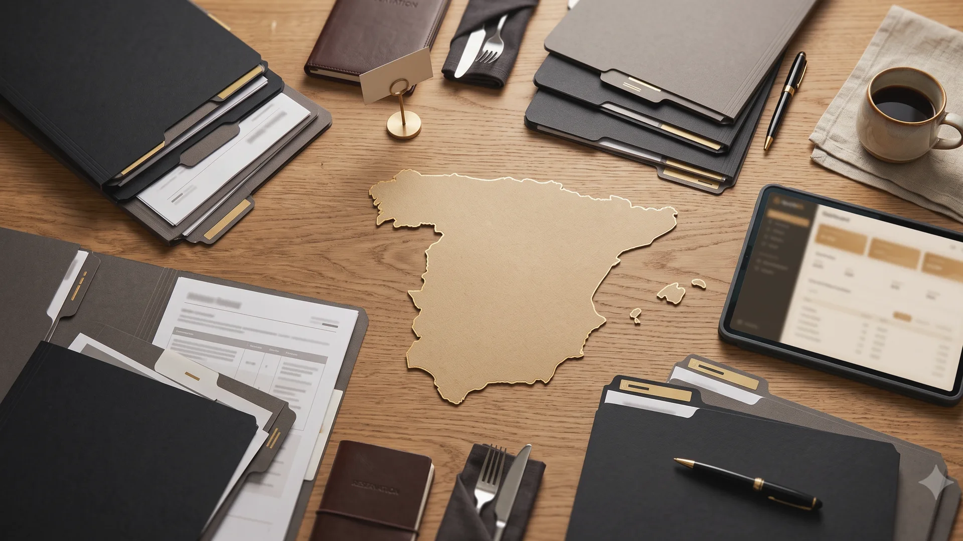 Mapa de España sobre una mesa de restaurante con documentos del convenio de hostelería de distintas comunidades autónomas