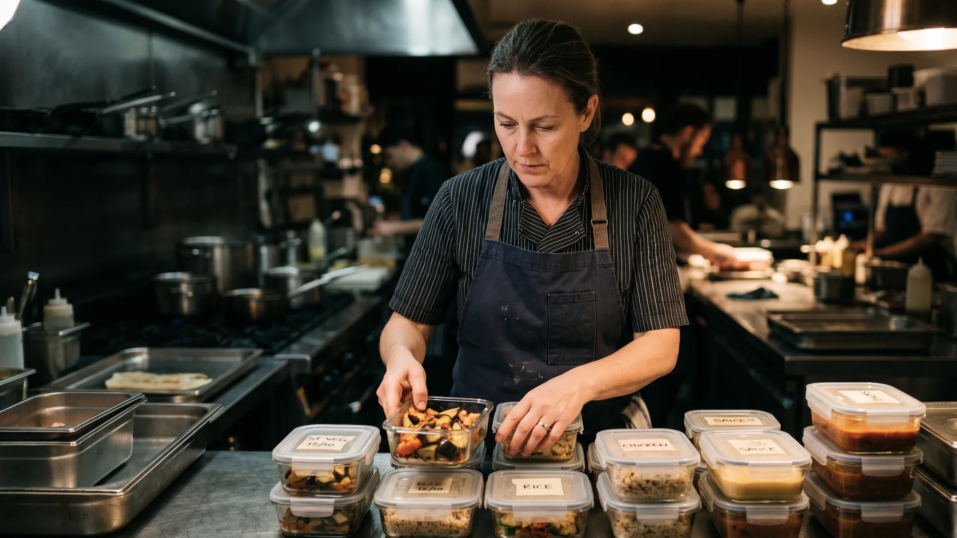 Chef de restaurante revisando contenedores de alimentos sobrantes antes de donarlos, cocina profesional en segundo plano