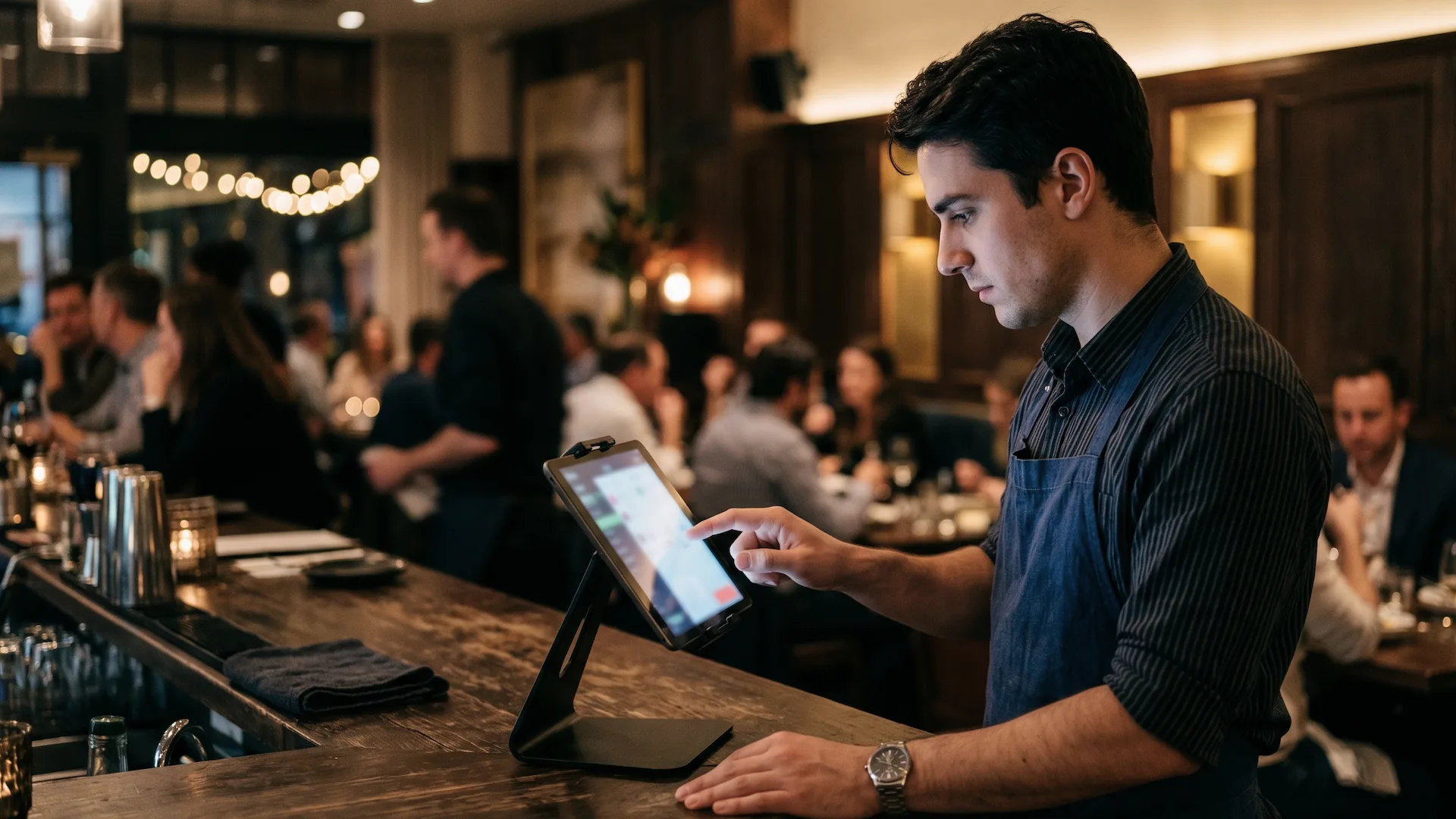 Camarero fichando la entrada en una tablet en la barra de un restaurante moderno, uniforme oscuro