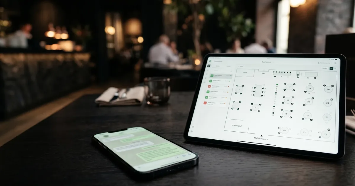 Smartphone con WhatsApp abierto junto a una tablet con sistema de reservas de restaurante