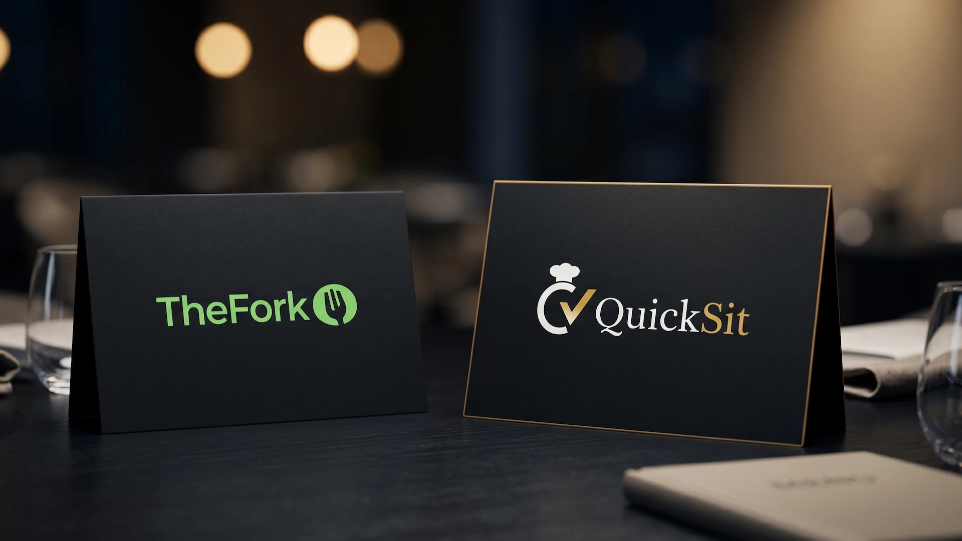 Comparativa visual entre TheFork y QuickSit: dos folios negros en una mesa de restaurante representando cada marca