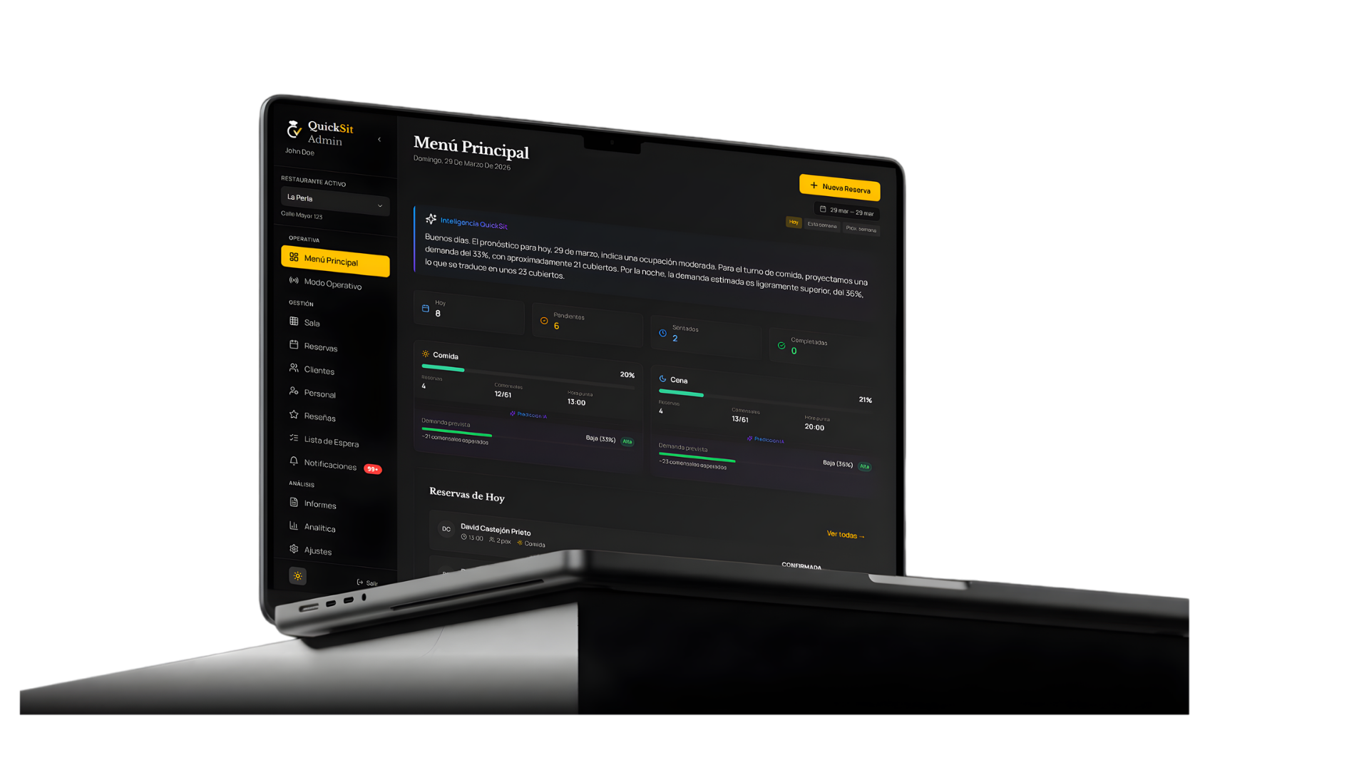 Panel de control QuickSit - software de reservas para restaurantes